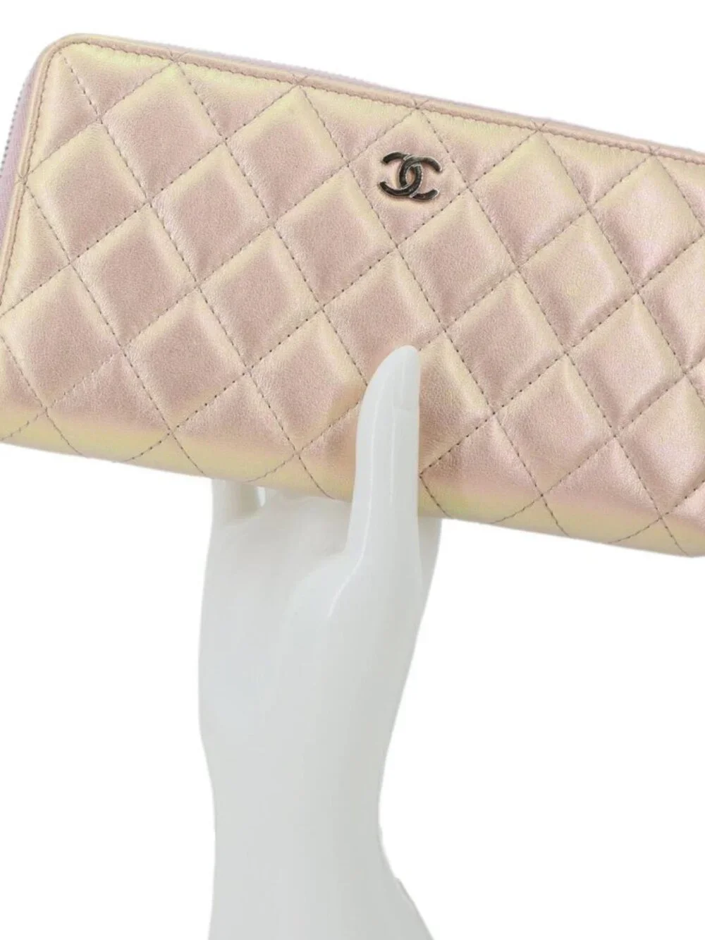 Chanel  Gusset Iridescent Leather Zip Around Wallet Pink